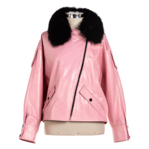 Women's Blush Noir Leather Jacket with Detachable Fur Collar