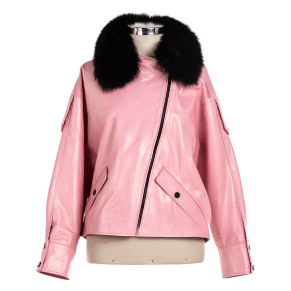 Women's Blush Noir Leather Jacket with Detachable Fur Collar