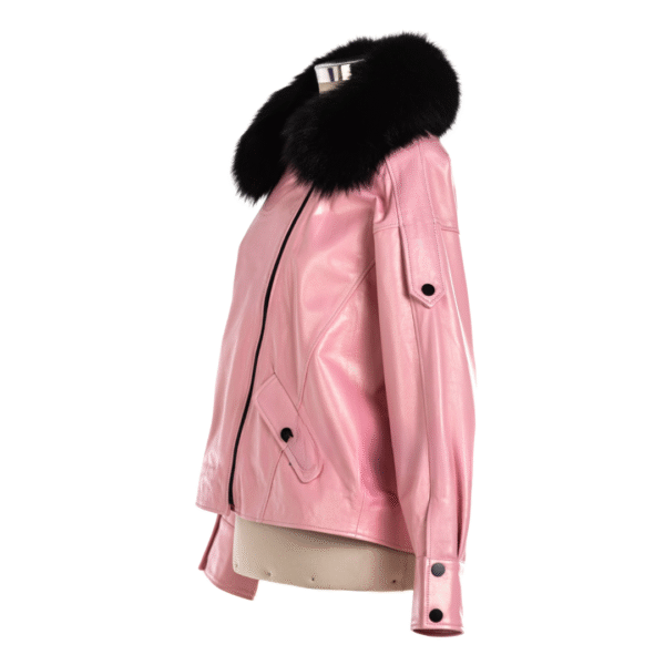 Women's Blush Noir Leather Jacket with Detachable Fur Collar - Image 3