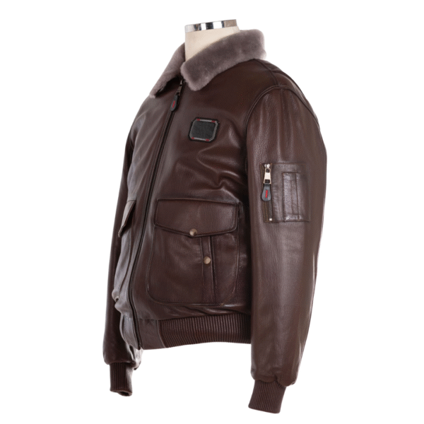 Men's Aviator Classic Shearling Collar Leather Bomber Jacket - Image 3