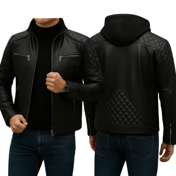 Men's Urban Rider Quilted Hooded Leather Biker Jacket - Image 2