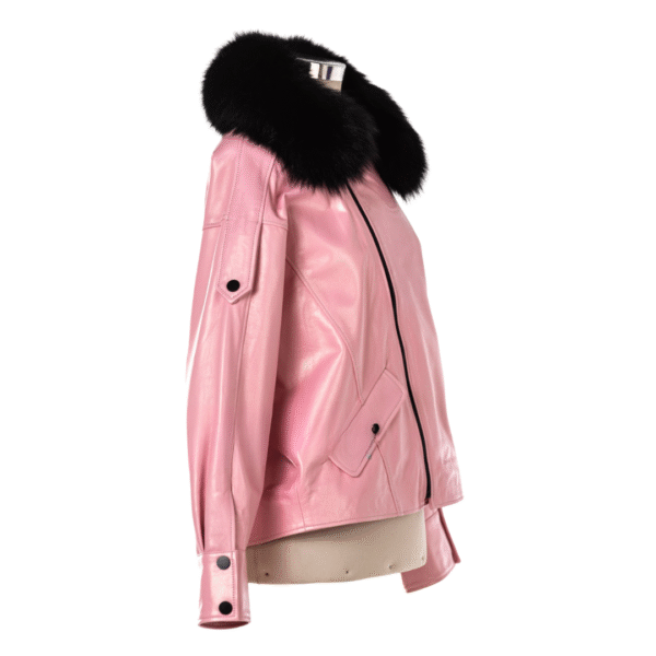 Women's Blush Noir Leather Jacket with Detachable Fur Collar - Image 2