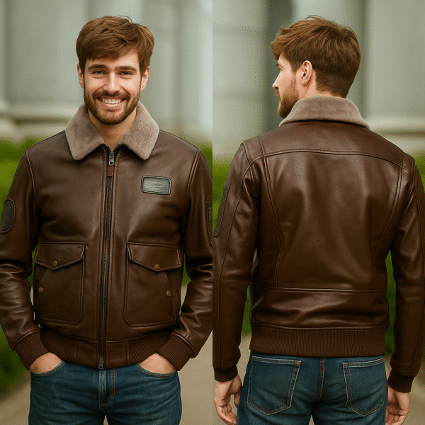 Men's Aviator Classic Shearling Collar Leather Bomber Jacket - Image 5