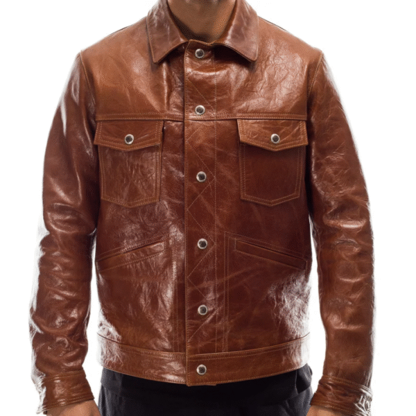 Men's Urban Maverick Distressed Brown Leather Trucker Jacket - Image 2