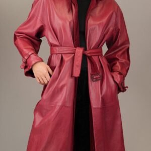Women's Vintage-Inspired Ruby Red Leather Trench Coat