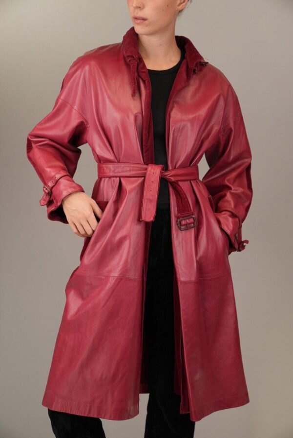 Women's Vintage-Inspired Ruby Red Leather Trench Coat