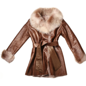 Women's Winter Fawn Belted Leather Coat with Fox Fur Trim