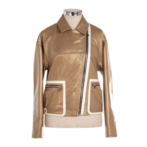 Women's Radiant Aura Metallic Leather Bomber Jacket | Luxe Gold & White