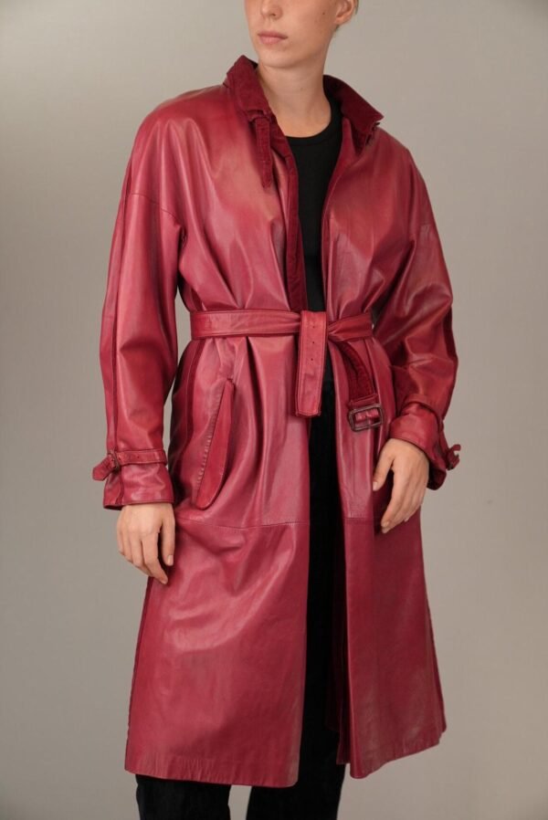 Women's Vintage-Inspired Ruby Red Leather Trench Coat - Image 2