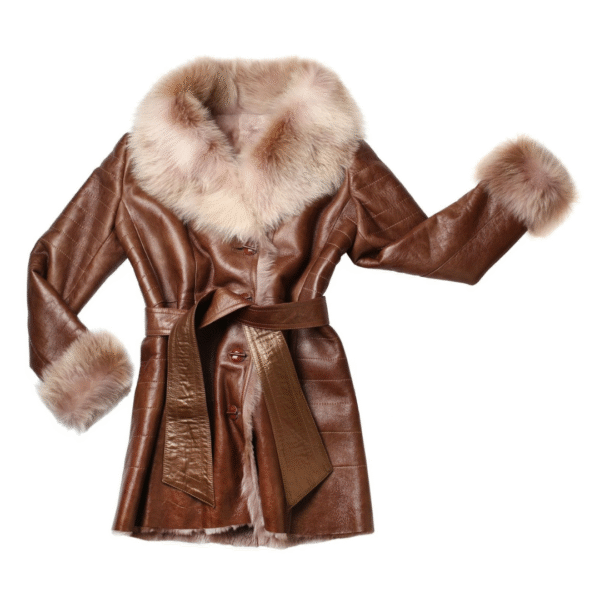 Women's Winter Fawn Belted Leather Coat with Fox Fur Trim - Image 2