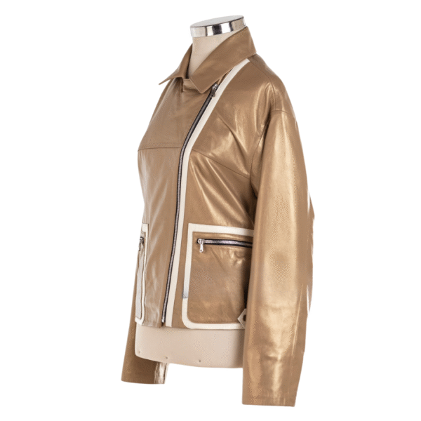 Women's Radiant Aura Metallic Leather Bomber Jacket | Luxe Gold & White - Image 3