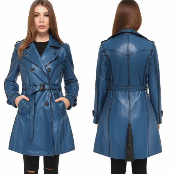 Women's Sapphire Siren Double-Breasted Leather Trench - Image 3