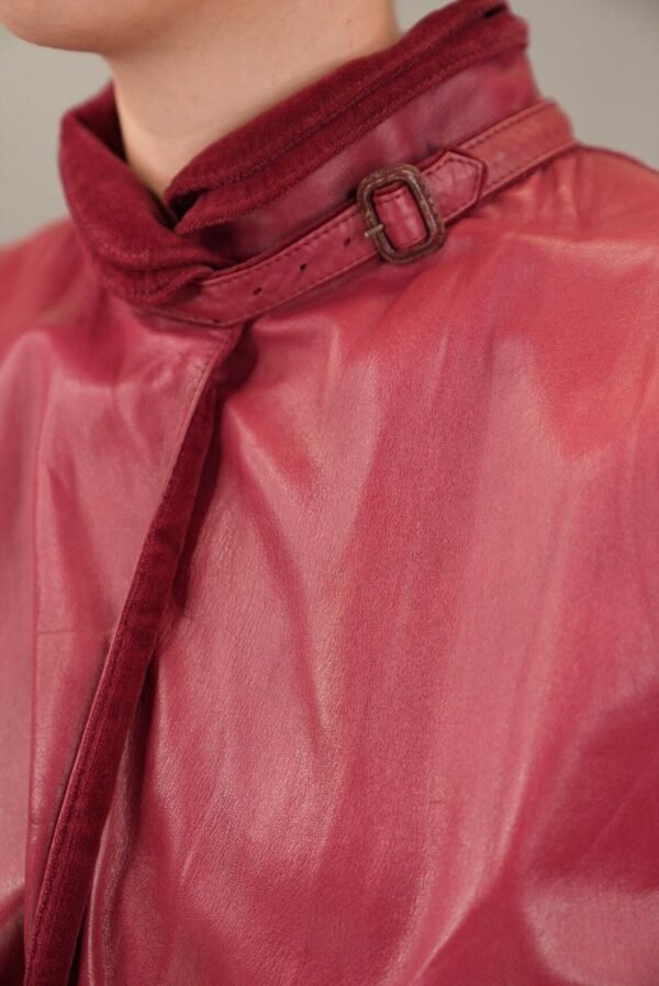 Women's Vintage-Inspired Ruby Red Leather Trench Coat - Image 4