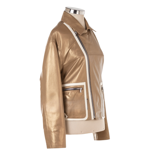 Women's Radiant Aura Metallic Leather Bomber Jacket | Luxe Gold & White - Image 4