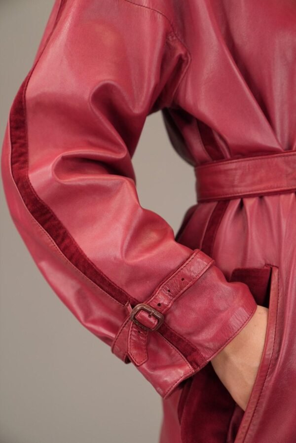 Women's Vintage-Inspired Ruby Red Leather Trench Coat - Image 5
