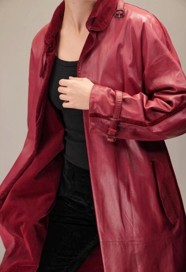 Women's Vintage-Inspired Ruby Red Leather Trench Coat - Image 6