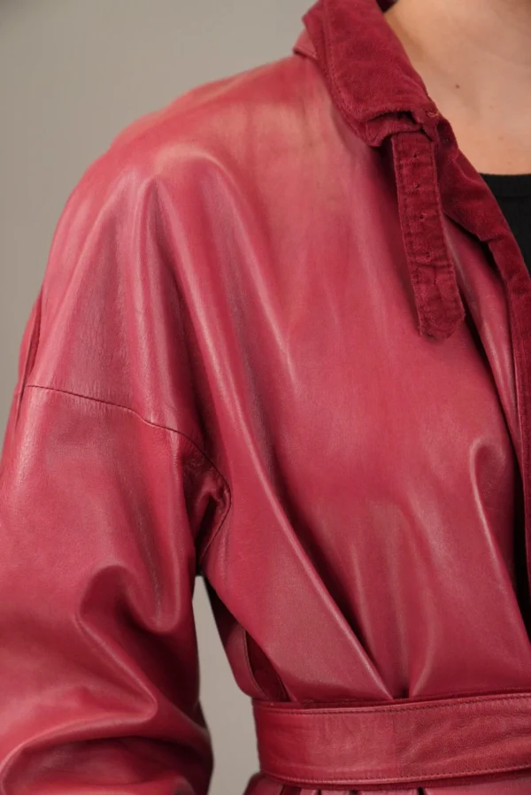 Women's Vintage-Inspired Ruby Red Leather Trench Coat - Image 9